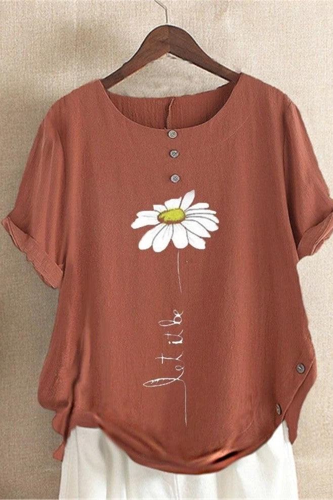 Women's short-sleeved shirt – Relaxed fit – Round neck – Breathable fabric – Floral print