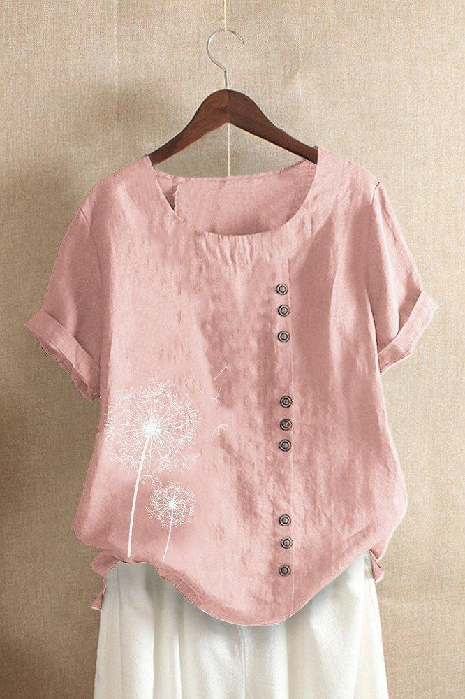Women's T-shirt – Relaxed fit – Natural fibers – Floral print – Crew neck – Short sleeves – Decorative buttons