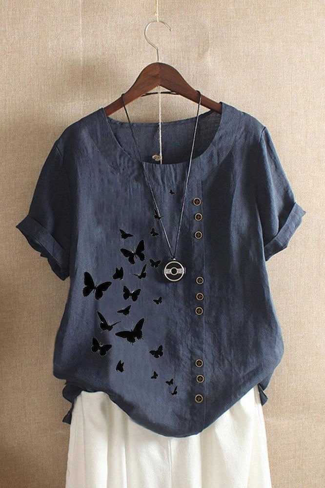Women's T-shirt – Relaxed fit – Rolled-up sleeves – Round neck – Butterfly print
