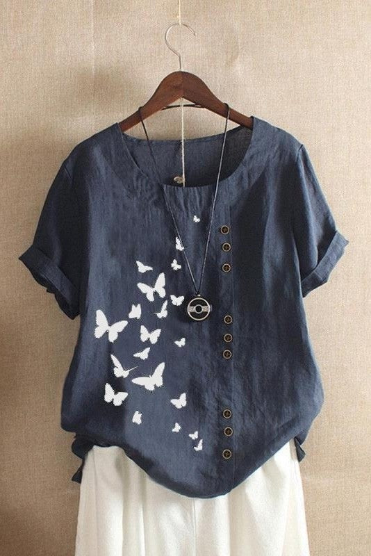 Women's T-shirt – Relaxed fit – Rolled-up sleeves – Round neck – Butterfly print