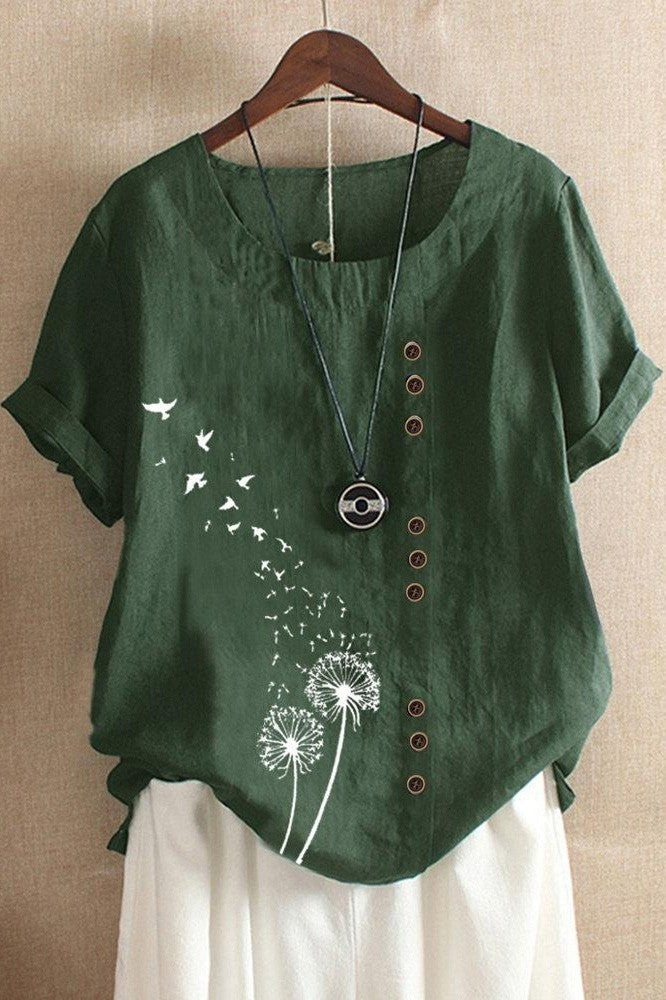 Women's T-shirt – Relaxed fit – Button detail – Short rolled sleeves – Natural fibers
