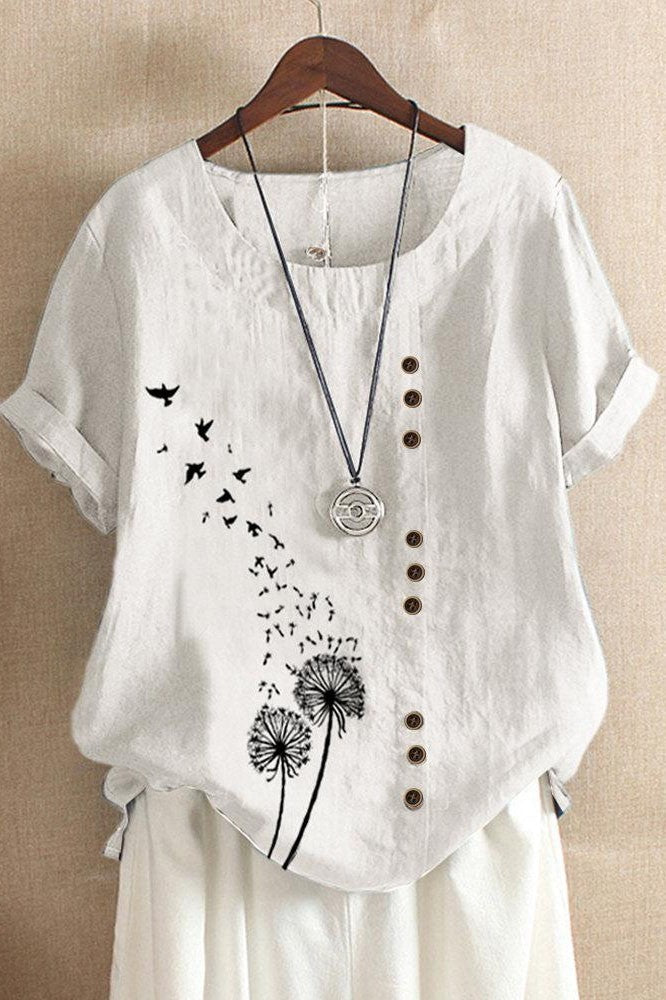 Women's T-shirt – Relaxed fit – Button detail – Short rolled sleeves – Natural fibers