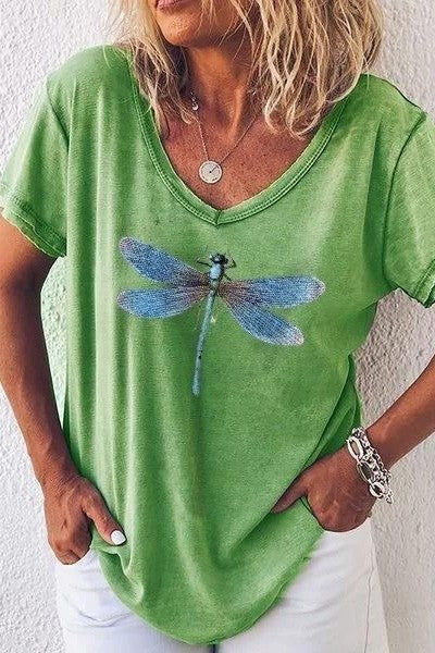 T-shirt femme col V – coupe décontractée – manches courtes – imprimé libellule