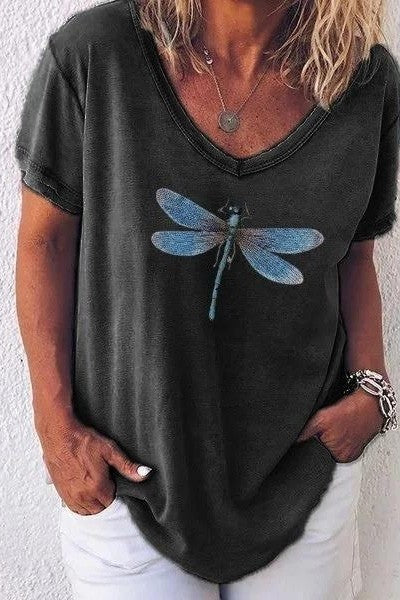 T-shirt femme col V – coupe décontractée – manches courtes – imprimé libellule