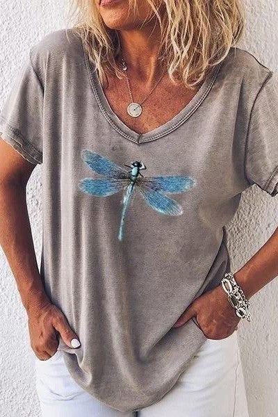 T-shirt femme col V – coupe décontractée – manches courtes – imprimé libellule