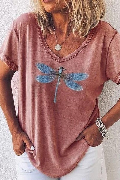 T-shirt femme col V – coupe décontractée – manches courtes – imprimé libellule
