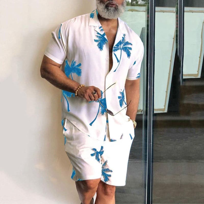 Men's set shirt and shorts – Relaxed fit – Cotton – Lapel collar – Tropical print