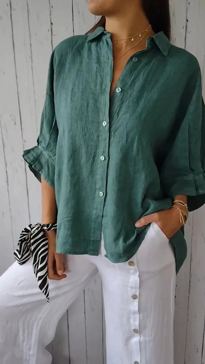 Chemise femme – Fibres naturelles – Coupe décontractée – Manches longues ajustables