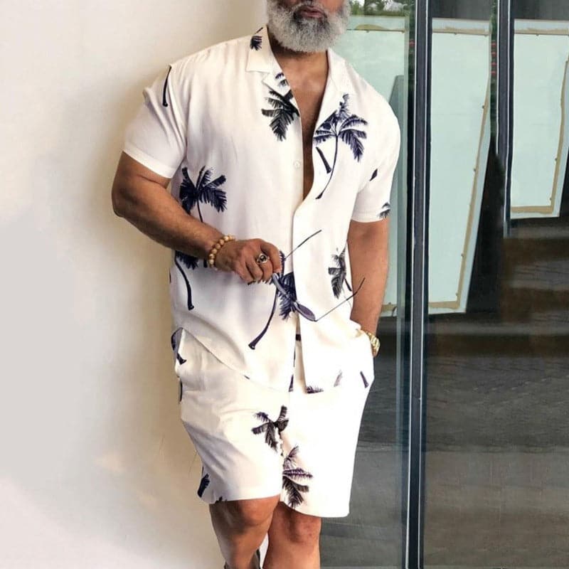 Men's set shirt and shorts – Relaxed fit – Cotton – Lapel collar – Tropical print