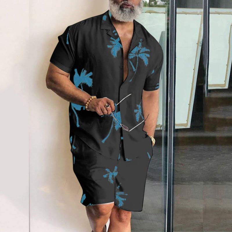 Men's set shirt and shorts – Relaxed fit – Cotton – Lapel collar – Tropical print
