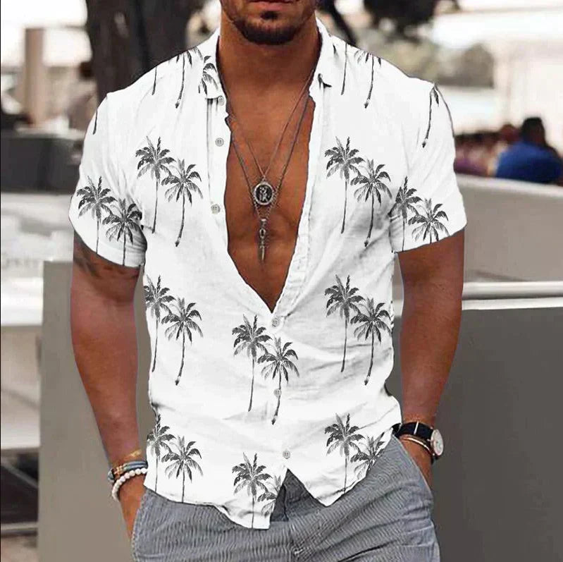 Men's short-sleeve shirt – Relaxed fit – Tropical print – Natural fibers