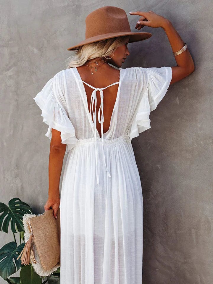 Robe longue femme – Coupe fluide – Coton léger – Manches bouffantes – Décolleté V