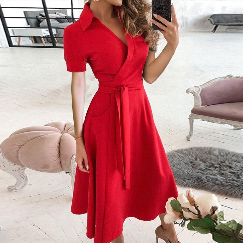 Robe midi femme – Coupe portefeuille – Ceinture à nouer – Manches courtes – Tissu respirant