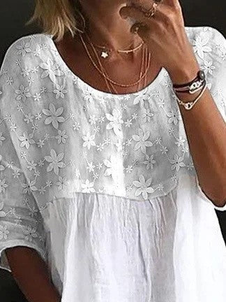 Chemise femme coupe ample – Col rond – Dentelle florale – Tissu respirant fluide