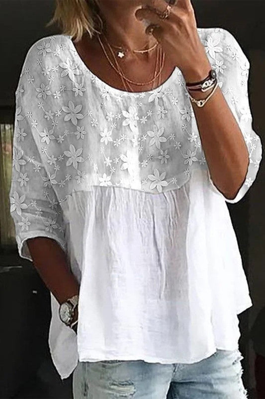 Women's blouse loose fit – Round neck – Floral lace – Breathable fluid fabric