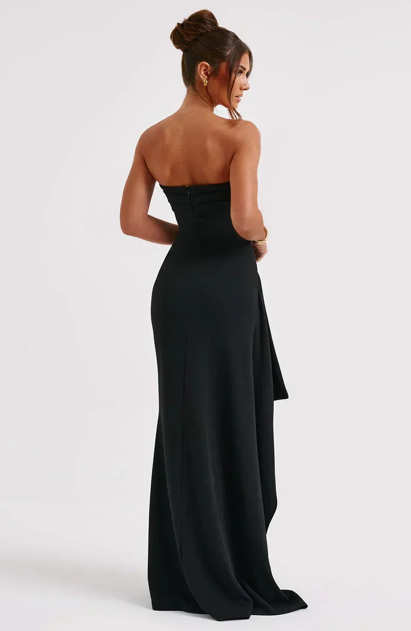 Robe longue femme – Coupe moulante – Sans bretelles – Fente haute – Tissu soyeux