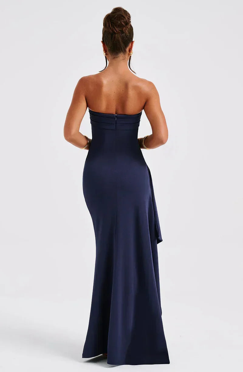 Robe longue femme – Coupe moulante – Sans bretelles – Fente haute – Tissu soyeux