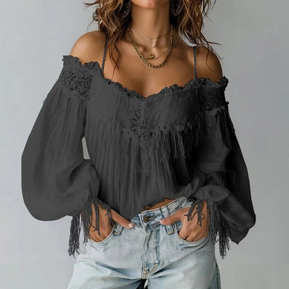 Cold Shoulder Lantern Sleeve Blouse for Women – Relaxed Fit & Adjustable Straps