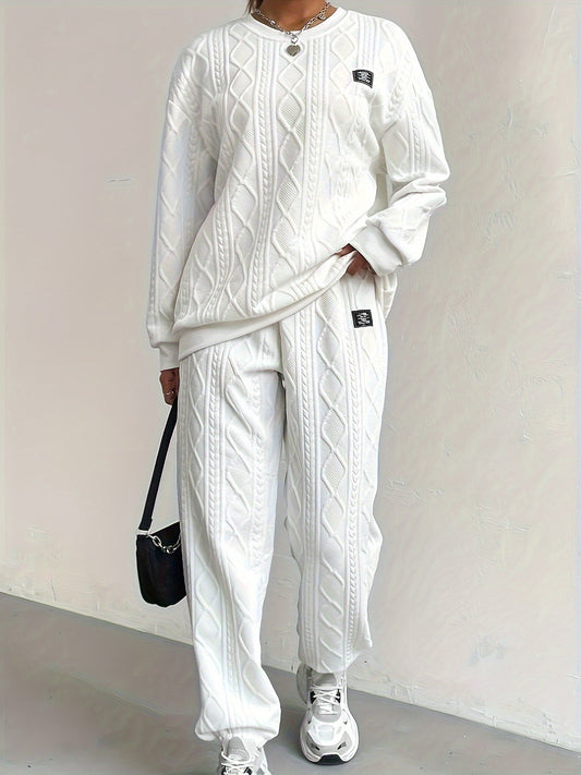 Ensemble de détente femme – Maille torsadée douce – Coupe ample – Manches longues – Pantalon long