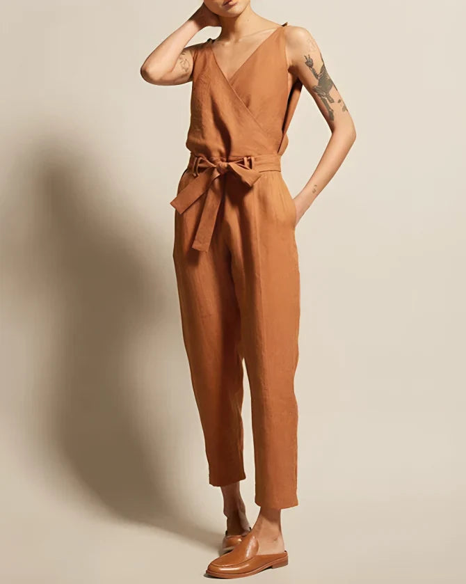 Women's sleeveless jumpsuit – Cotton – Tie belt – Flowing straight cut