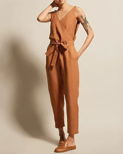 Women's sleeveless jumpsuit – Cotton – Tie belt – Flowing straight cut