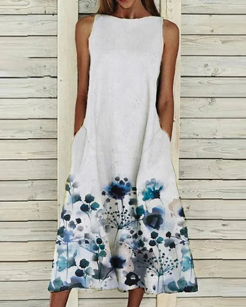 Women's midi dress – Sleeveless – Flared fit – High neck – Natural fibers