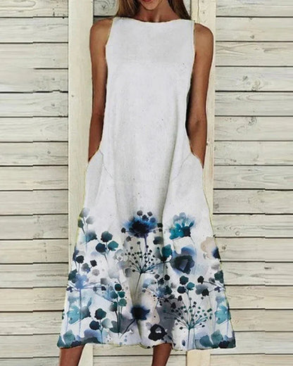 Women's midi dress – Sleeveless – Flared fit – High neck – Natural fibers