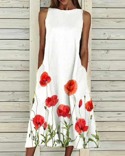 Women's midi dress – Sleeveless – Flared fit – High neck – Natural fibers