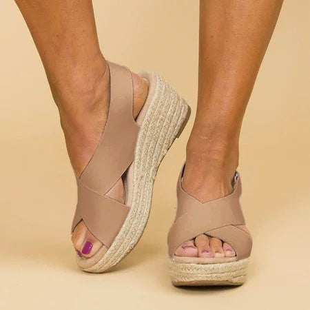Sandales compensées femme – Bride croisée – Semelle espadrille – Bout ouvert confortable