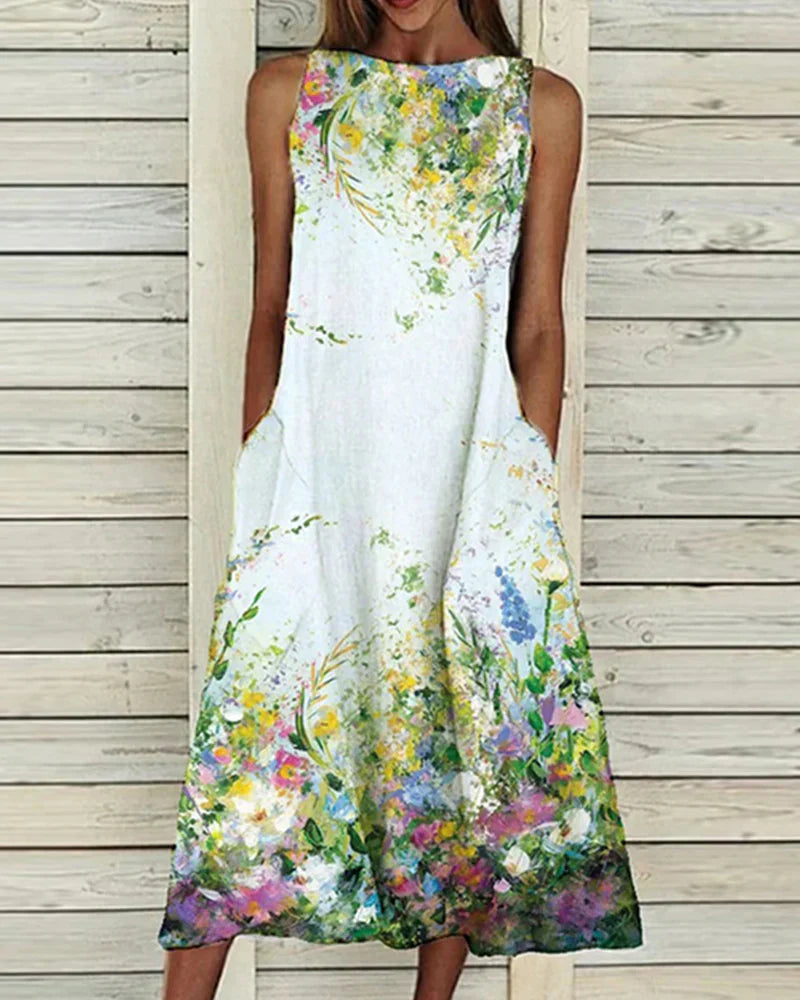 Women's midi dress – Sleeveless – Flared fit – High neck – Natural fibers