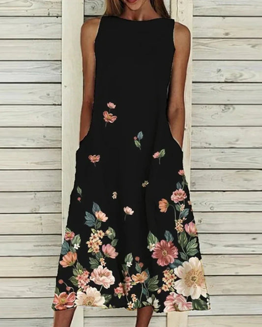 Women's midi dress – Sleeveless – Flared fit – High neck – Natural fibers