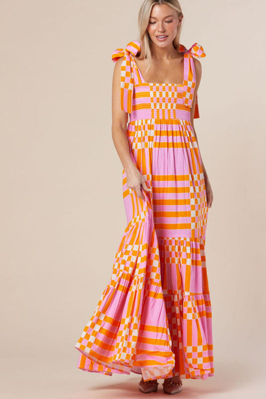 Robe longue femme – Coupe évasée – Coton léger – Bretelles nœud – Motif à carreaux
