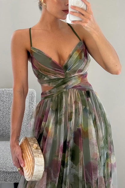Robe longue femme – Décolleté cœur – Bretelles fines – Jupe fluide à volants