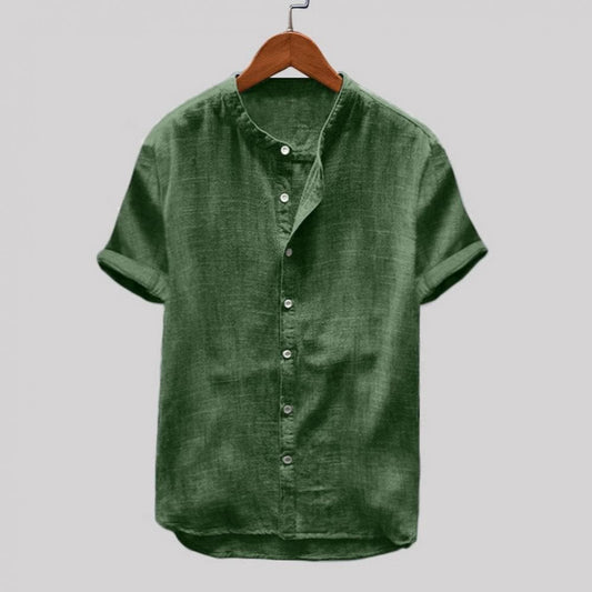 Men's short-sleeve shirt – Relaxed fit – Breathable fabric – Mao collar