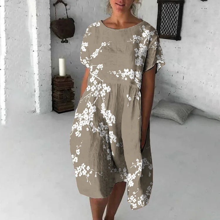 Robe midi femme – Coupe fluide – Manches courtes – Col rond – Imprimé fleuri