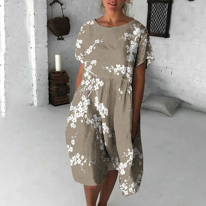 Robe midi femme – Coupe fluide – Manches courtes – Col rond – Imprimé fleuri