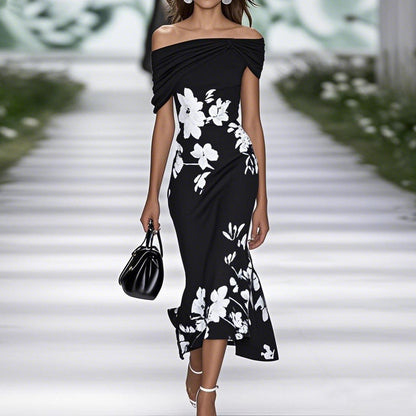 Robe midi femme – Épaules dénudées – Taille cintrée – Imprimé fleuri – Tissu fluide