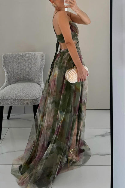 Robe longue femme – Décolleté cœur – Bretelles fines – Jupe fluide à volants