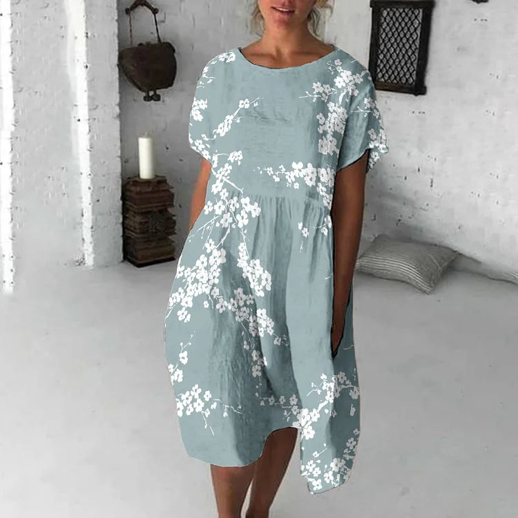 Robe midi femme – Coupe fluide – Manches courtes – Col rond – Imprimé fleuri