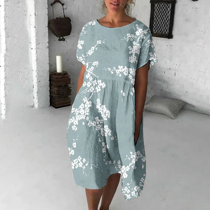 Robe midi femme – Coupe fluide – Manches courtes – Col rond – Imprimé fleuri