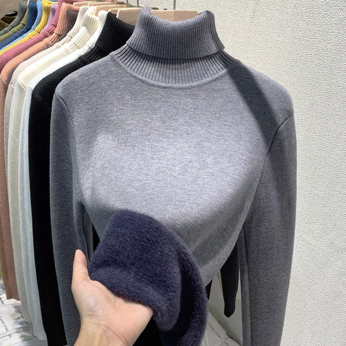 Pull à col roulé pour femme avec intérieur en velours épais