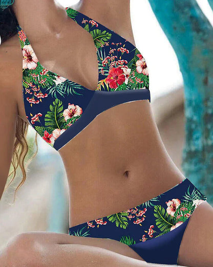 Women's bikini – Two-piece set – V-neckline – Tie-neck support – Elegant floral pattern