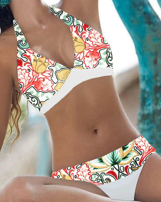 Women's bikini – Two-piece set – V-neckline – Tie-neck support – Elegant floral pattern