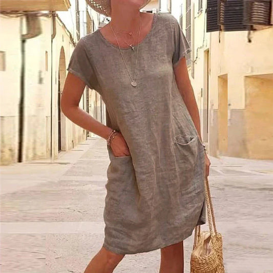 Casual women's dress – Natural fibers – Loose fit – Short sleeves – Knee length