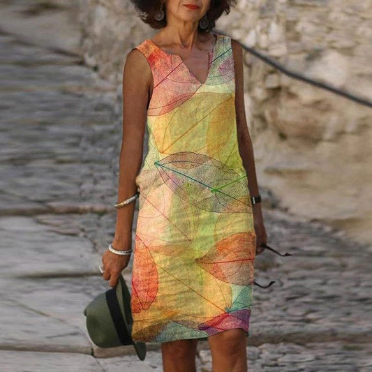 Women's mid-length dress – Relaxed fit – Sleeveless – V-neck – Foliage print