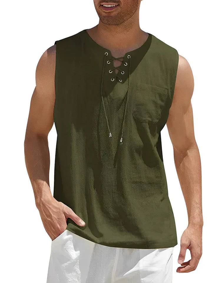 Men's tank top – Relaxed fit – Lace-up front – Chest pocket – Breathable fabric
