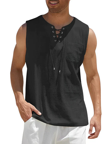 Men's tank top – Relaxed fit – Lace-up front – Chest pocket – Breathable fabric