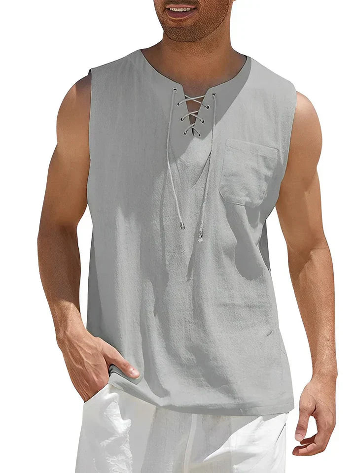 Men's tank top – Relaxed fit – Lace-up front – Chest pocket – Breathable fabric