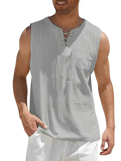 Men's tank top – Relaxed fit – Lace-up front – Chest pocket – Breathable fabric