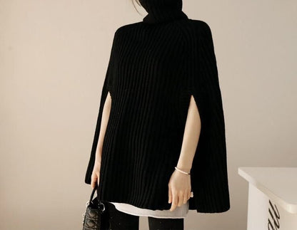 Elara Turtleneck Knit Cape Sweater | Oversized Ribbed Winter Poncho